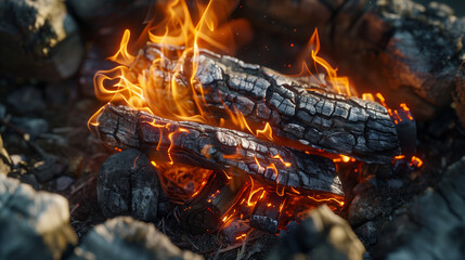 flames are burning in a pile of wood on a rocky surface