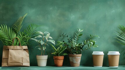 Aesthetic arrangement of potted green plants and coffee cups against a green wall, creating a serene, natural ambiance.