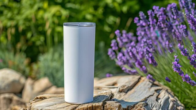 Close-up of a white color 20oz Straight Skinny Tumbler includes a lid on stone in Lavender fields background, product mockup