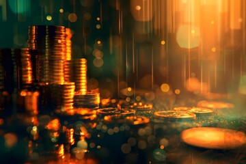 Stacks of gold coins with futuristic lighting and bokeh effects in the background