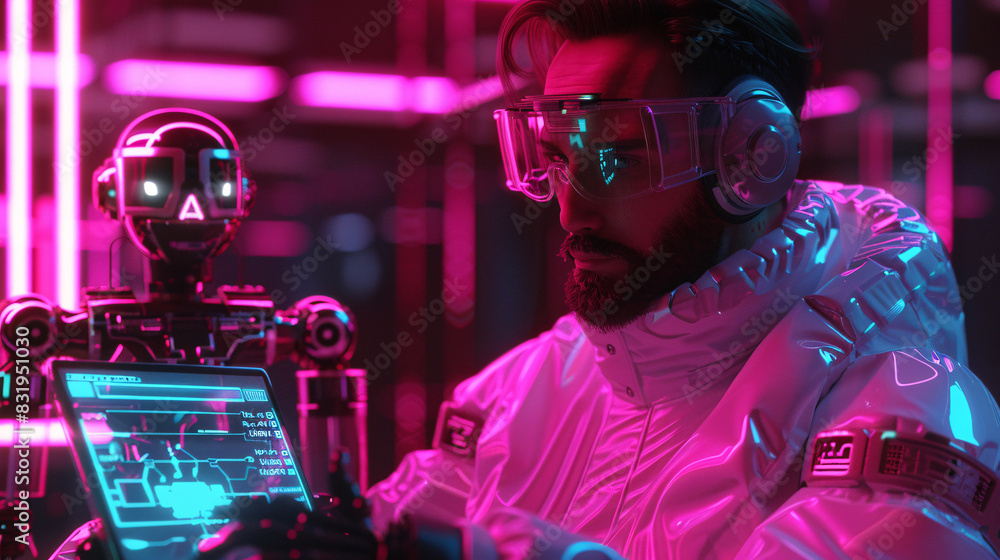 Poster scientist using a tablet to control a robot, showcasing the integration of machine learning in robot