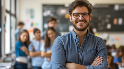 Fototapeta premium A young male teacher with glasses stands confidently with crossed arms in a classroom full of students