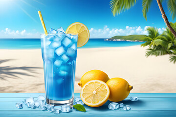 Beach Bar's Ice Blue lemonade with a cloudy tropical sea view, Summer Beach Background, Background Illustration, Background Screen, Poster, Banner Design, ai