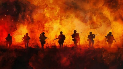 Fototapeta premium group of soldiers are walking through a city with a lot of fire and smoke fire red color background watercolor illustration