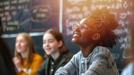 Obraz premium Young Woman Listening Attentively in Classroom