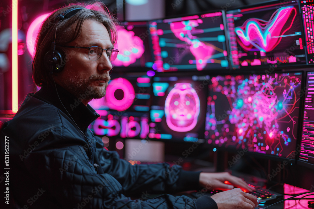Poster it expert analyzing complex data sets on multiple monitors in a high-tech workspace, illustrating ad