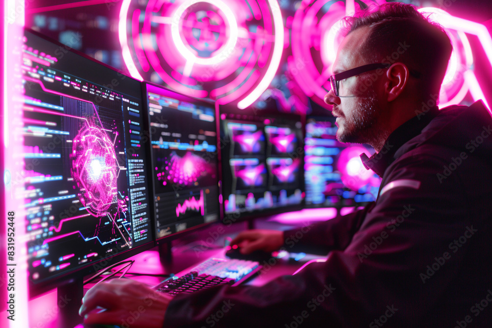 Poster it expert analyzing complex data sets on multiple monitors in a high-tech workspace, illustrating ad