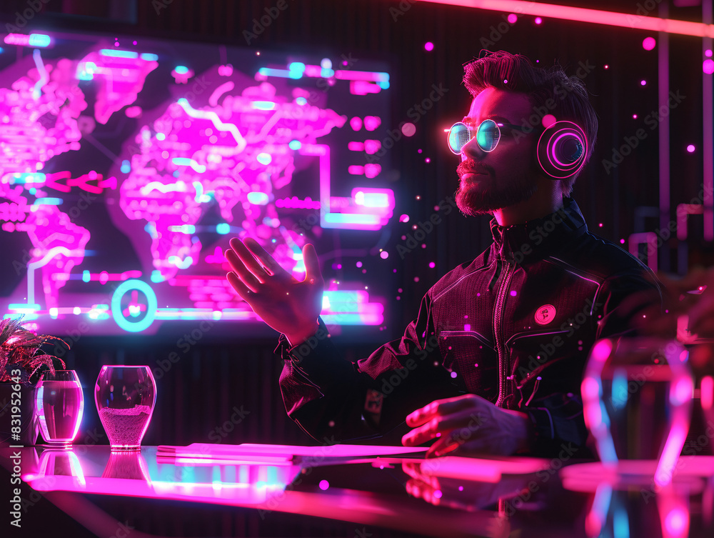 Poster machine learning scientist presenting a new algorithm to colleagues, with holographic displays of da