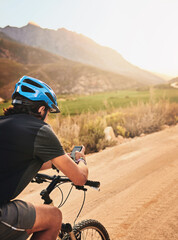 Nature, smartphone and man with bicycle for fitness, exercise and training for wellness or health....