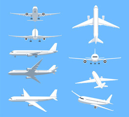 Set of Airplanes in different angles. Top and side view of passenger jet or cargo aircraft flying in sky. Icons with planes and air transport. flat vector illustrations isolated on background