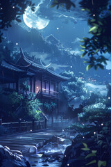 nighttime scene of a japanese house with a stream running through it