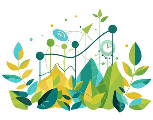 A business landscape with competitive elements like graphs and charts, integrating green elements like leaves and vines.