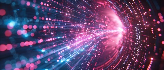 Naklejka premium Abstract glowing lines and light spots representing data transmission, technology, and futuristic design in vibrant pink and blue colors.