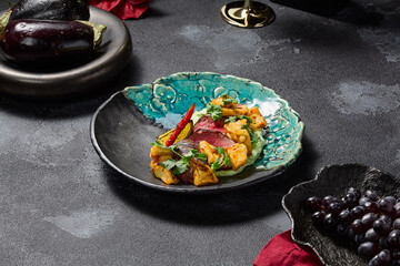 Marbled beef steak with crispy eggplants and wasabi puree, aesthetically pleasing and gourmet