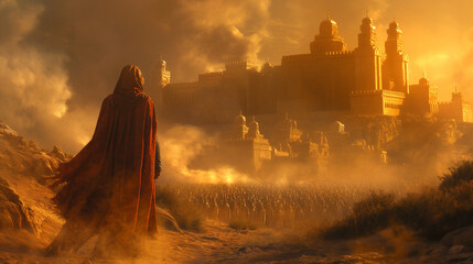 arafed image of a man in a red cloak and a red cape walking in front of a castle