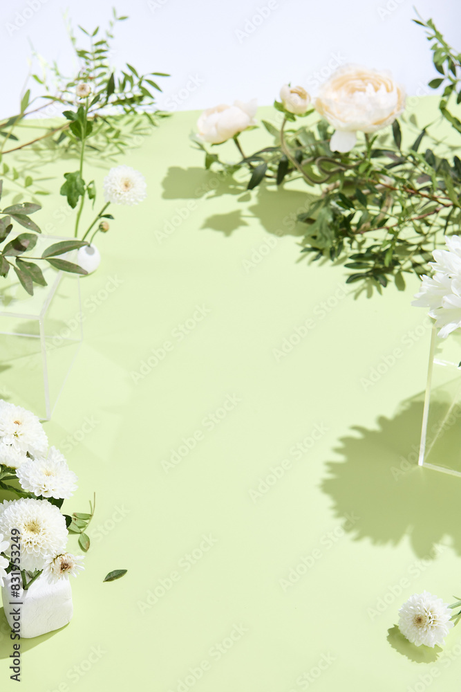 Poster Minimalistic botanical display with white blooms and green foliage against a lime backdrop
