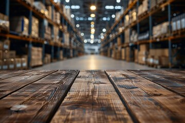 A large open warehouse with wooden floors and a lot of boxes with copy space