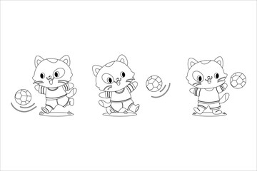 Funny cartoon cat football player character outline coloring book