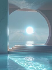 Fototapeta premium Minimalist Seaside Stage: Blue Circular Platform Amidst Water