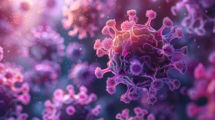 Fototapeta premium A high-resolution micrograph of virus particle. The image should be in purple tone, with the spherical core and spiky protein envelope clearly visible.