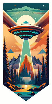 A illustration of a UFO flying over a mountain landscape