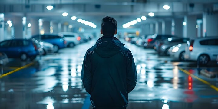 Man searching alone in parking lot for his car. Concept Lost Car, Parking Lot Search, Frustrated Man, Missing Vehicle, Vehicle Retrieval