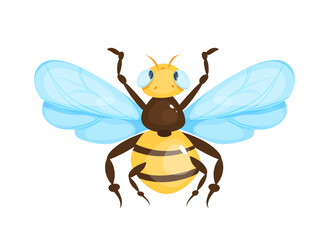 Cute bug icon. Adorable sticker with striped winged bumblebee. Hand drawn wasp or bee with stinger. Mascot with wild flying insect. Cartoon flat vector illustration isolated on white background