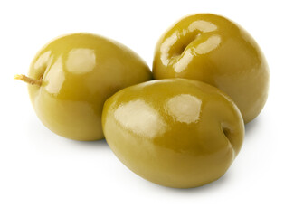 Marinated green olives isolated on white background. clipping path