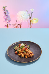 Chinese-style sweet and sour carp with vegetables; an artistic food presentation set against a surreal seasonal backdrop