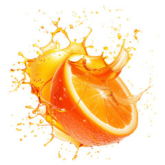 Orange Slice Splash with Fresh Juice Explosion on Transparent Background, design template, creative fruit concept, banner, advertising, poster, refreshing drink visual