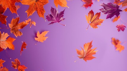 autumn leaves are flying on a purple background