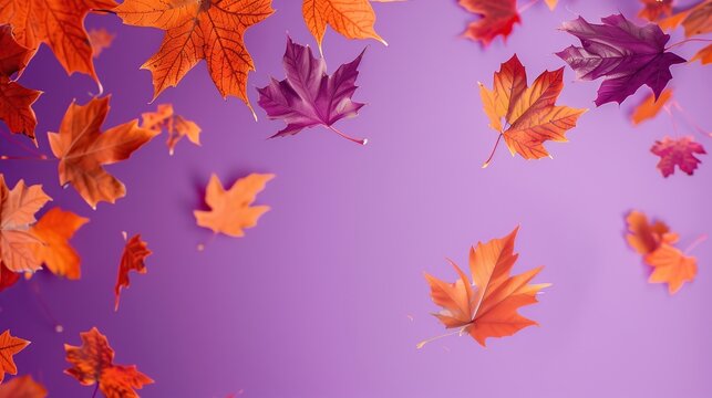 autumn leaves are flying on a purple background