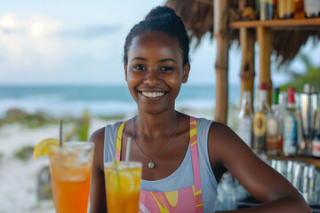 smiling beautiful woman barman at beach bar making cocktail at summer time by the ocean