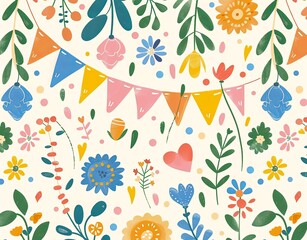 A cheerful, garden party background with floral patterns and festive elements.