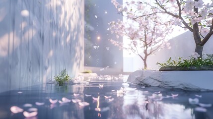 Sakura Veiled Haven: Towering cinematic walls encase a haven veiled in Sakura petals, a serene escape.