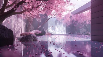 Sakura Veiled Haven: Towering cinematic walls encase a haven veiled in Sakura petals, a serene escape.