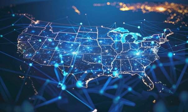 Futuristic technology USA map with glowing lights, global communication and connection concept.