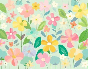 A cheerful, spring-themed background with blooming flowers and pastel colors.