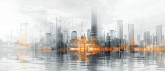 Abstract cityscape with tall buildings reflected on water, featuring an ethereal, futuristic atmosphere with a mix of grey and orange tones.