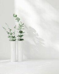 Beautiful tree twig in modern design vase on white table counter in dappled sunlight, leaf foliage...