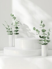 Two white podium, tree twig in vase on counter, soft beautiful dappled sunlight, leaf shadow on...