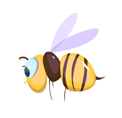 Cute bug icon. Side view of striped bee flying in air. Sticker with adorable wasp or bumblebee with wings and stinger. Wild insect. Cartoon flat vector illustration isolated on white background