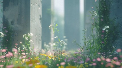 Obraz premium Towering 3D walls hold sway over an ethereal garden, where flowers sway in the gentle breeze, casting a spell of calm.