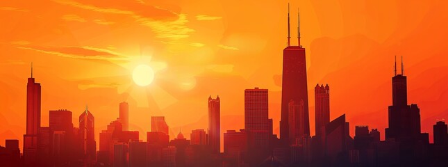A city skyline with a bright orange sun in the sky
