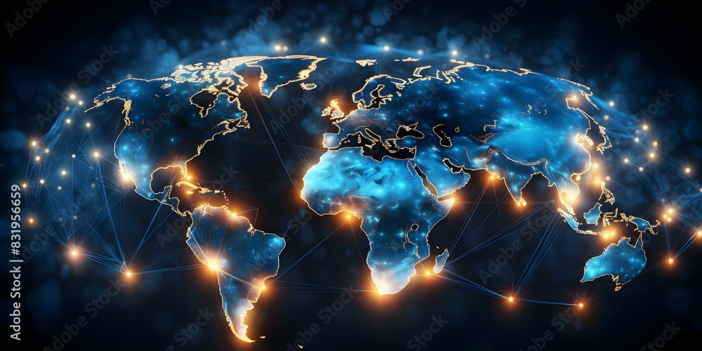 Poster earth illuminated by glowing nodes representing worldwide digital network connectivity. concept digi