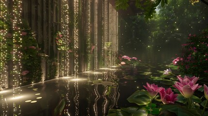 Whispering Lily Oasis: Towering cinematic walls hold a serene lily oasis, a refuge from reality's chaos.