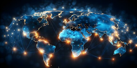 Earth illuminated by glowing nodes representing worldwide digital network connectivity. Concept Digital Connectivity, Global Network, World Illuminated, Data Communication, Earth Nodes