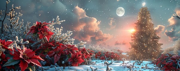 A magical winter scene with a glowing Christmas tree, moonlit sky, and vibrant poinsettias in a snowy landscape.