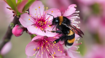 A bee pollinating a flower. The bee is covered in yellow and black fur, and the flower is pink with a yellow center.