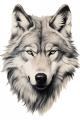 a close up of a wolfs head with a white background